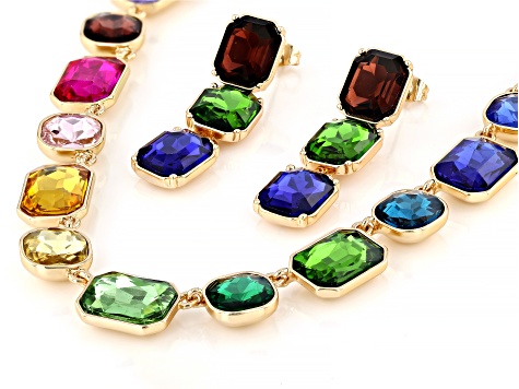 Multi-Color Glass Gold Tone Necklace and Earring Set