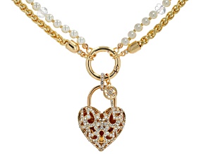 White Crystal & Pearl Simulant Gold Tone Interchangeable Chain Lock & Key Necklace