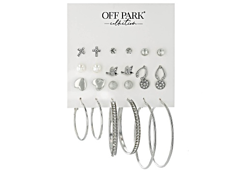 White & Black Crystal Silver Tone Earring Set - OPC1504B