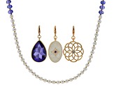 Glass Bead & Pearl Simulant Gold Tone Necklace With 3 Interchangeable Pendant Set