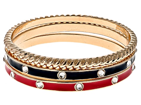 Crystal & Enamel Gold Tone 5 Piece Bangle Bracelet Set