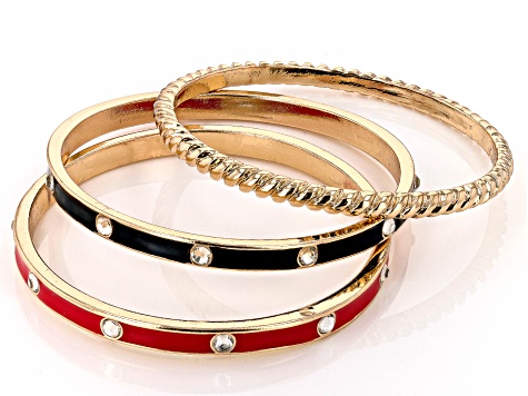 Crystal & Enamel Gold Tone 5 Piece Bangle Bracelet Set