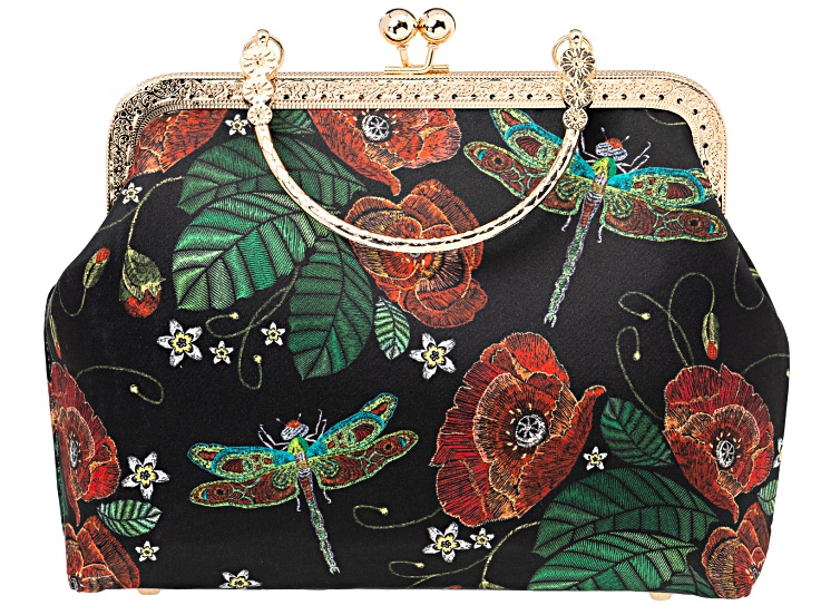 Gold Tone Dragonfly Printed Fabric Clutch
