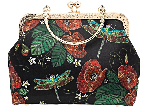Gold Tone Dragonfly Printed Fabric Clutch