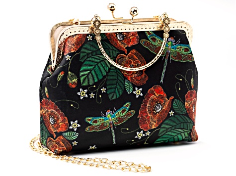 Gold Tone Dragonfly Printed Fabric Clutch