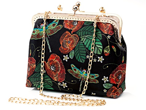 Gold Tone Dragonfly Printed Fabric Clutch