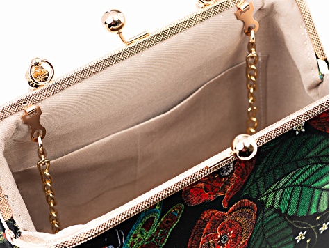 Gold Tone Dragonfly Printed Fabric Clutch