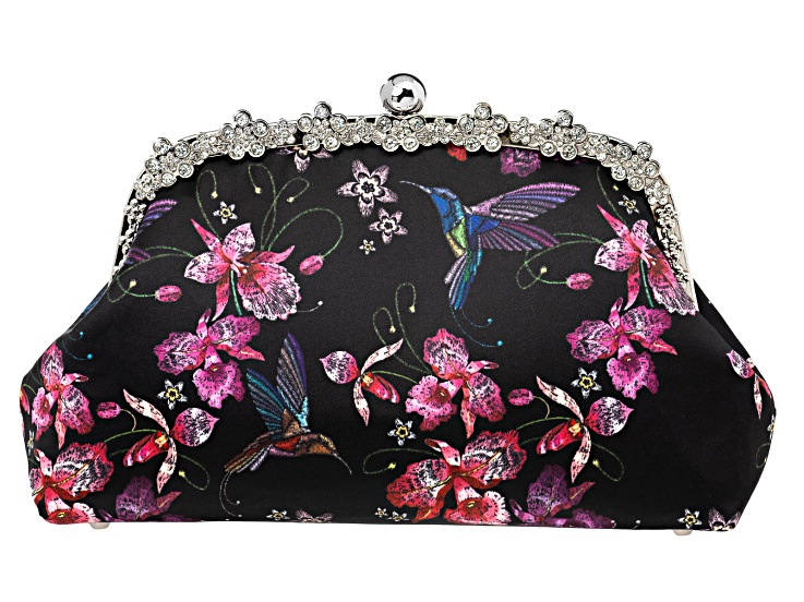 White Crystal Silver Tone Hummingbird Printed Fabric Clutch
