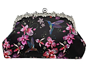 White Crystal Silver Tone Hummingbird Printed Fabric Clutch
