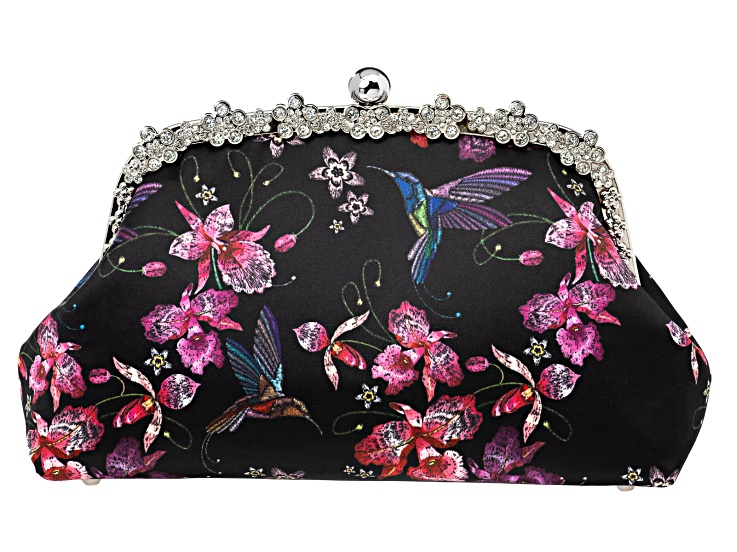 White Crystal Silver Tone Hummingbird Printed Fabric Clutch - OPC1516A