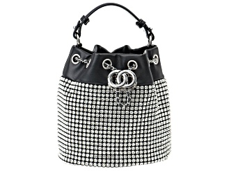 White Crystal Silver Tone Black Drawstring Bucket Bag