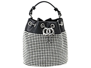 White Crystal Silver Tone Black Drawstring Bucket Bag