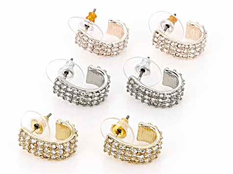 White Glass Crystal Tri-Color Tone Pave Set of 3 J- Hoop Earrings