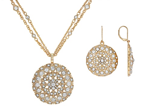 White Crystal Gold Tone Medallion Necklace & Earring Set