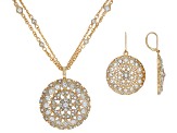 White Crystal Gold Tone Medallion Necklace & Earring Set