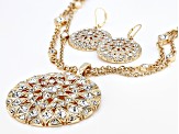 White Crystal Gold Tone Medallion Necklace & Earring Set