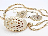 White Crystal Gold Tone Medallion Necklace & Earring Set