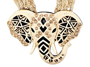 Champagne Crystal & Black Enamel Gold Tone Elephant Head Necklace