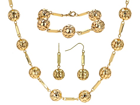 Gold Tone Ball Station Necklace, Earring, &  Bracelet Set