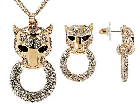 White and Black Crystal Gold Tone Panther Necklace & Earring Set