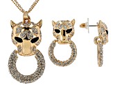 White and Black Crystal Gold Tone Panther Necklace & Earring Set