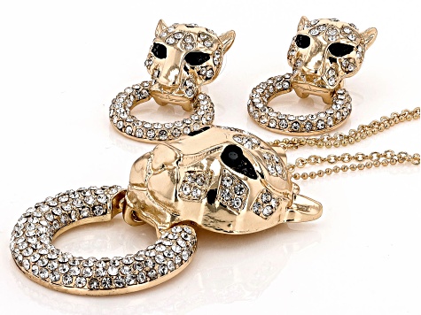 White and Black Crystal Gold Tone Panther Necklace & Earring Set