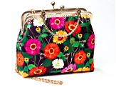 Gold Tone Multi-Colored Floral Fabric Clutch