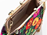 Gold Tone Multi-Colored Floral Fabric Clutch