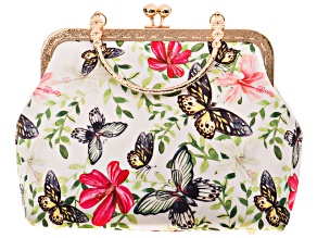 Gold Tone Floral & Butterfly Fabric Clutch
