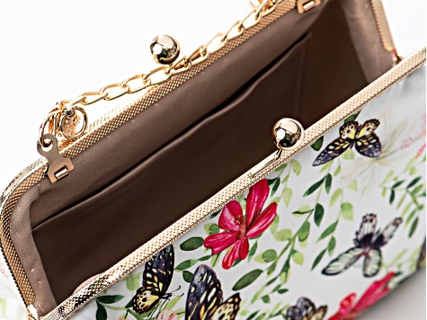 Gold Tone Floral & Butterfly Fabric Clutch