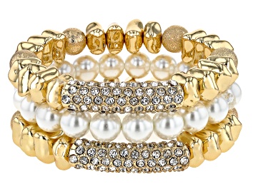 Picture of Pearl Simulant & Pave Crystal Gold Tone Set of 3 Stretch Bracelets