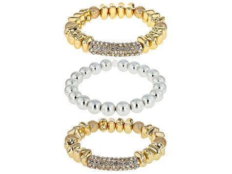 Pearl Simulant & Pave Crystal Gold Tone Set of 3 Stretch Bracelets