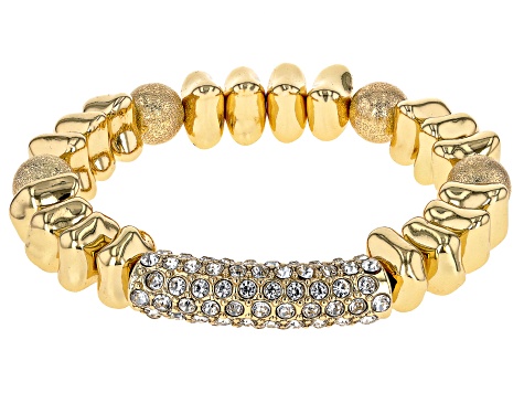 Pearl Simulant & Pave Crystal Gold Tone Set of 3 Stretch Bracelets