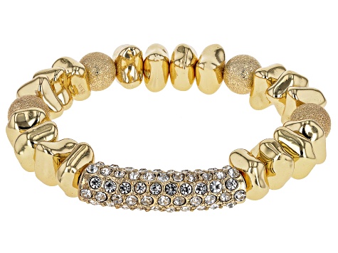 Pearl Simulant & Pave Crystal Gold Tone Set of 3 Stretch Bracelets
