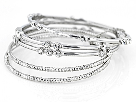 White Crystal Silver Tone Set of 5 Bangle Bracelets