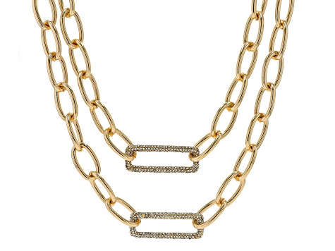 White Crystal Gold Tone Layered Paperclip Necklace