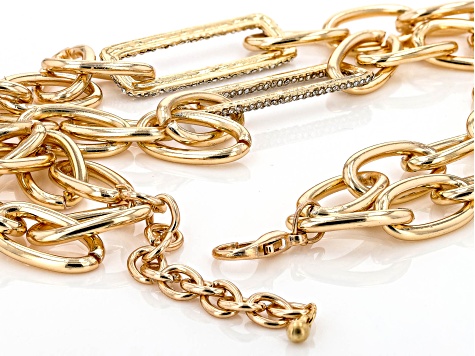 White Crystal Gold Tone Layered Paperclip Necklace