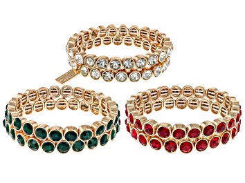 Picture of Red, Green, & White  Crystal Gold Tone Set of 6 Stretch Bracelets
