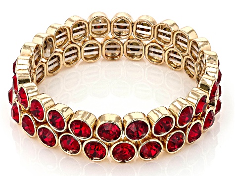 Red, Green, & White  Crystal Gold Tone Set of 6 Stretch Bracelets