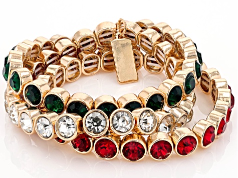 Red, Green, & White Crystal Gold Tone Set of 6 Stretch  display picture 2