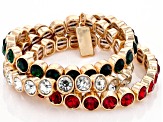 Red, Green, & White  Crystal Gold Tone Set of 6 Stretch Bracelets