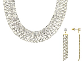 White Crystal Gold Tone Necklace & Earring Set
