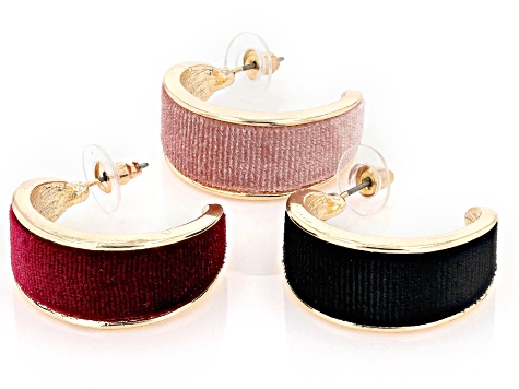 Pink, Burgundy & Black Velvet Gold Tone Set of 3 Hoop Earrings