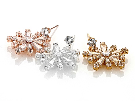 White Crystal Tri-Color Tone Set of 3 Snowflake Earrings
