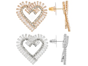 White Crystal, Gold & Silver Tone Set of 2 Heart Earrings