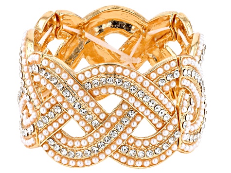Pearl Simulant & White Crystal Gold Tone Cuff Bracelet
