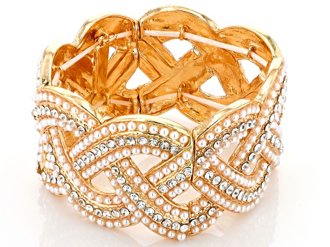 Pearl Simulant & White Crystal Gold Tone Cuff Bracelet