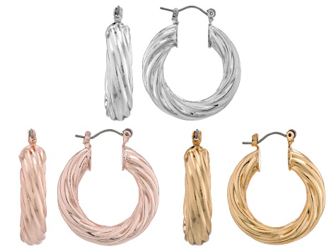 Gold, Silver, & Rose Gold Tone Set of 3 Twisted Hoop Earrings