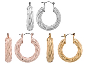 Gold, Silver, & Rose Gold Tone Set of 3 Twisted Hoop Earrings