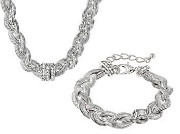 Picture of Crystal Silver Tone Braided Herringbone Bracelet & Necklace Set